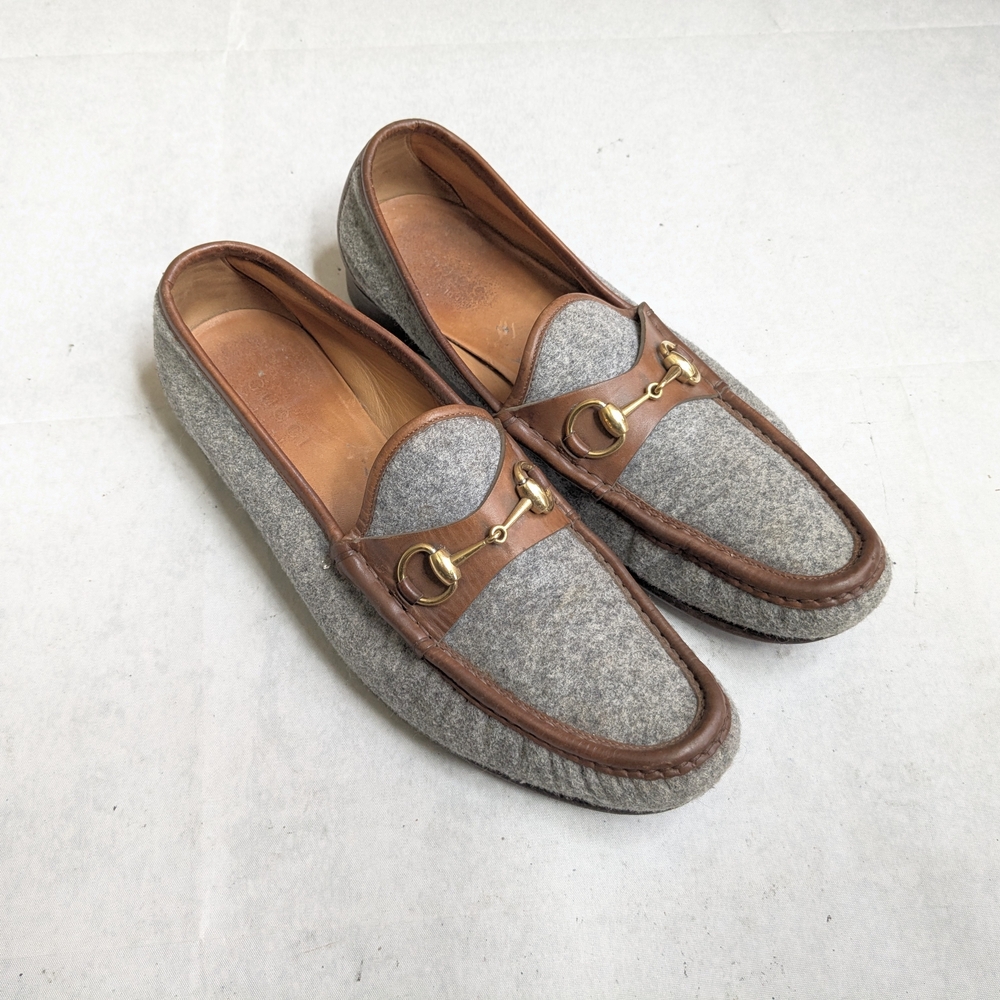 Gucci Gray Wool & Brown Leather Horsebit Loafers
